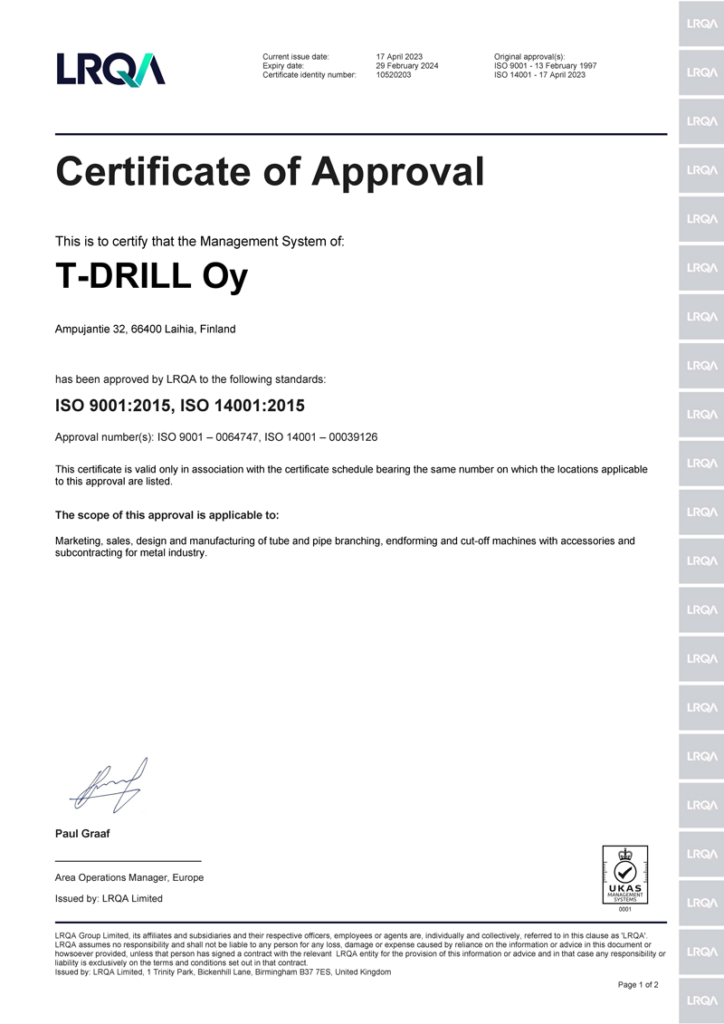 T-Drill quality certificate